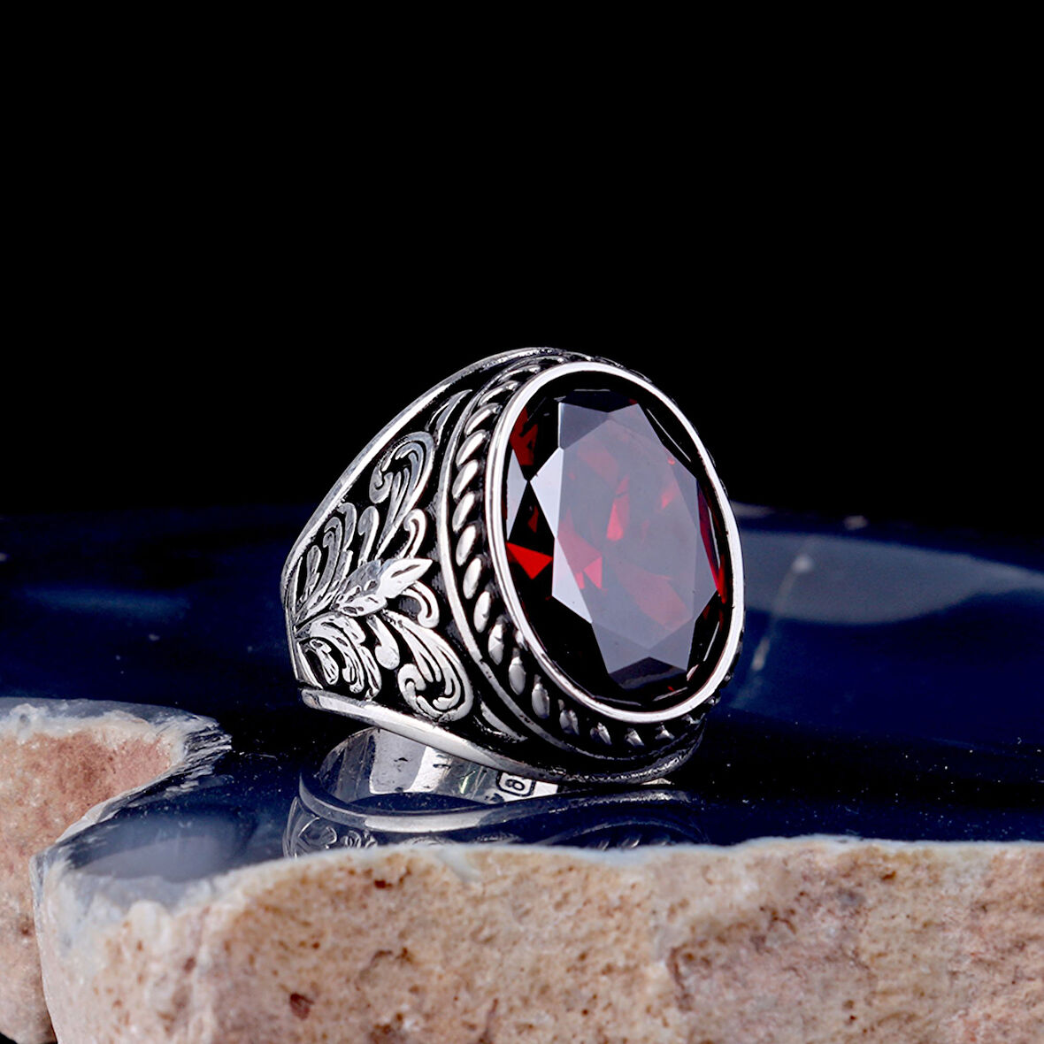 Kırmızı Zirkon Taşlı 925 Ayar Gümüş Erkek Yüzük