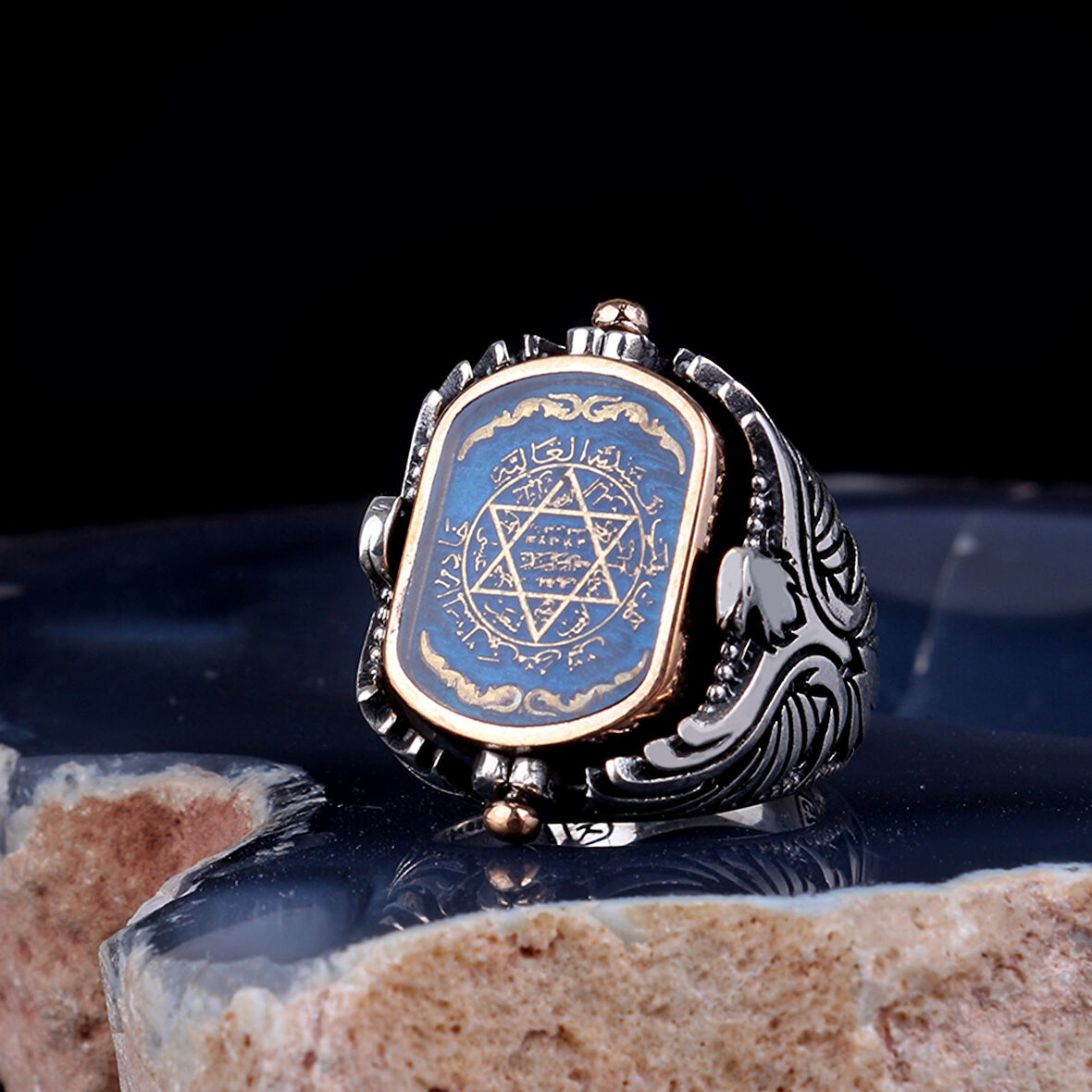 ÇİFT TARAFLI HZ SÜLEYMAN MÜHRÜ ONİX TAŞLI 925 AYAR GÜMÜŞ YÜZÜK