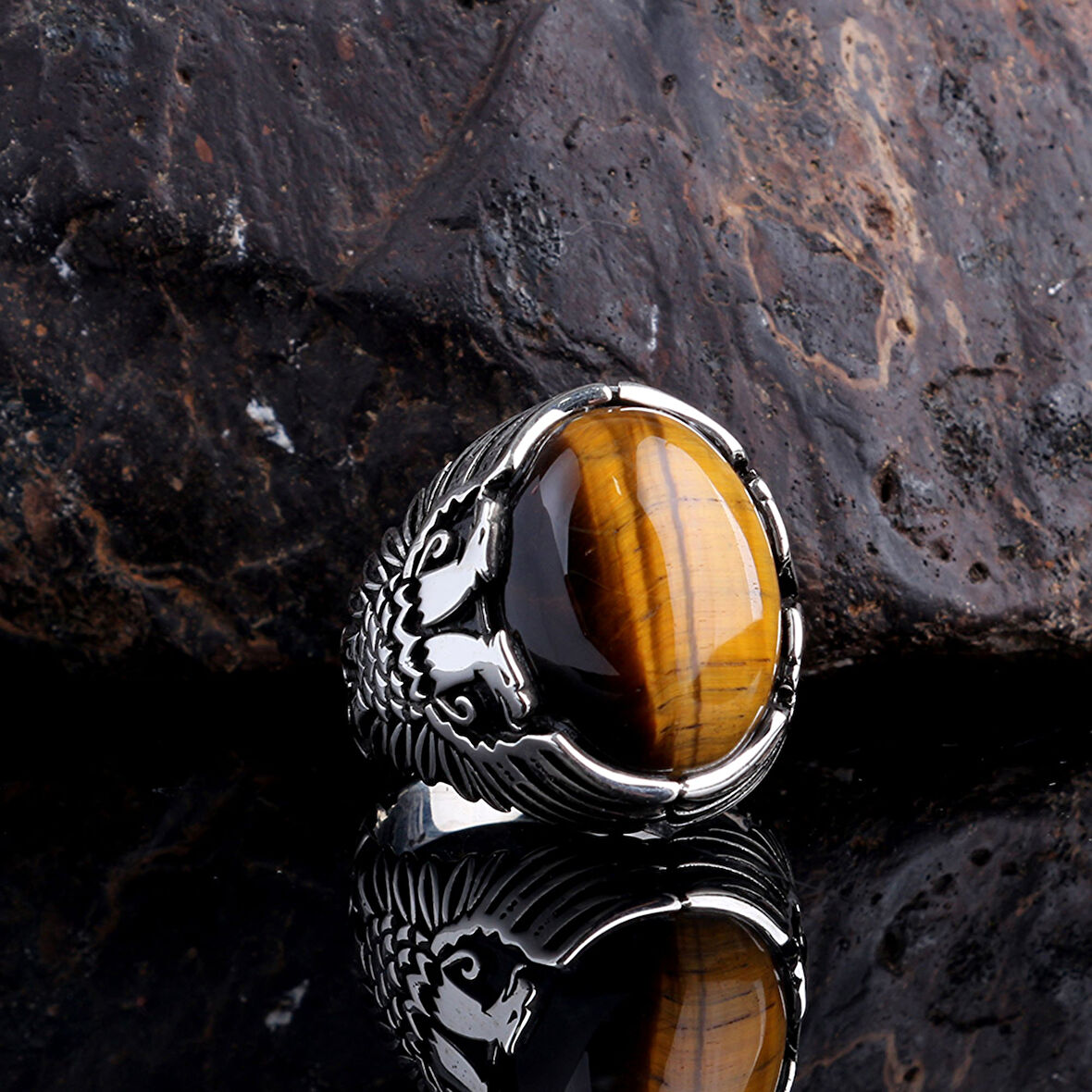 KAPLANGÖZÜ TAŞLI ÇİFT BAŞLI KARTAL MODEL ERKEK YÜZÜK