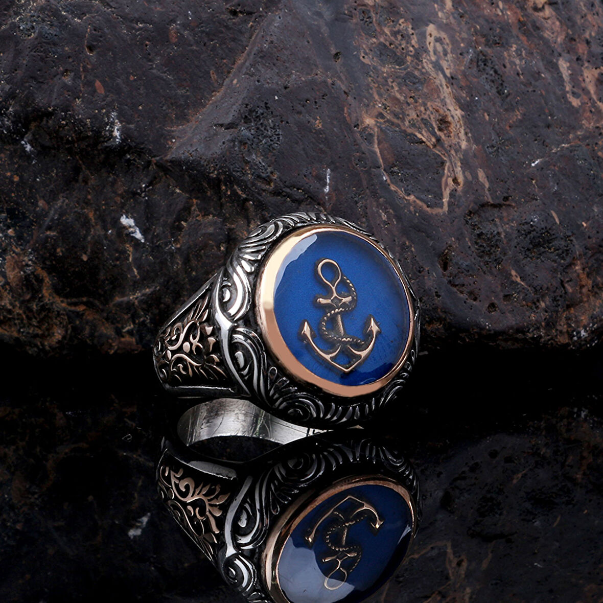 MAVİ MİNELİ DENİZ ÇAPASI MODEL 925 AYAR GÜMÜŞ ERKEK YÜZÜK