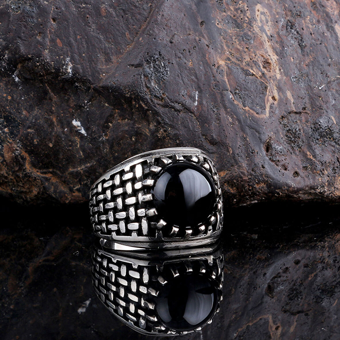 ONİX TAŞLI ÖRGÜ MODEL 925 AYAR GÜMÜŞ ERKEK YÜZÜK