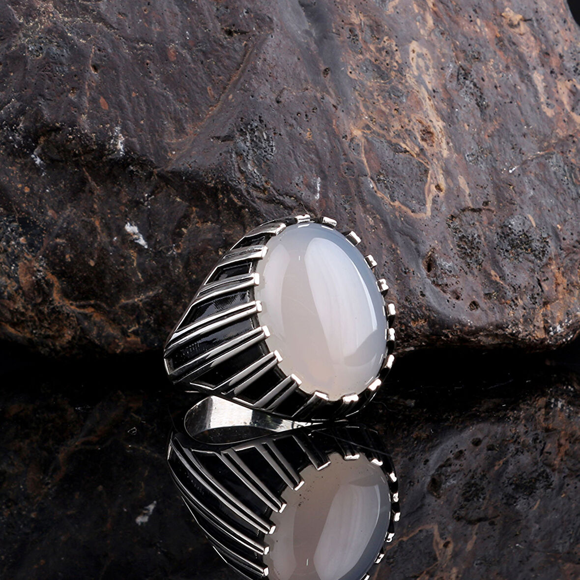 Ay Taşlı 925 Ayar Gümüş Erkek Yüzük