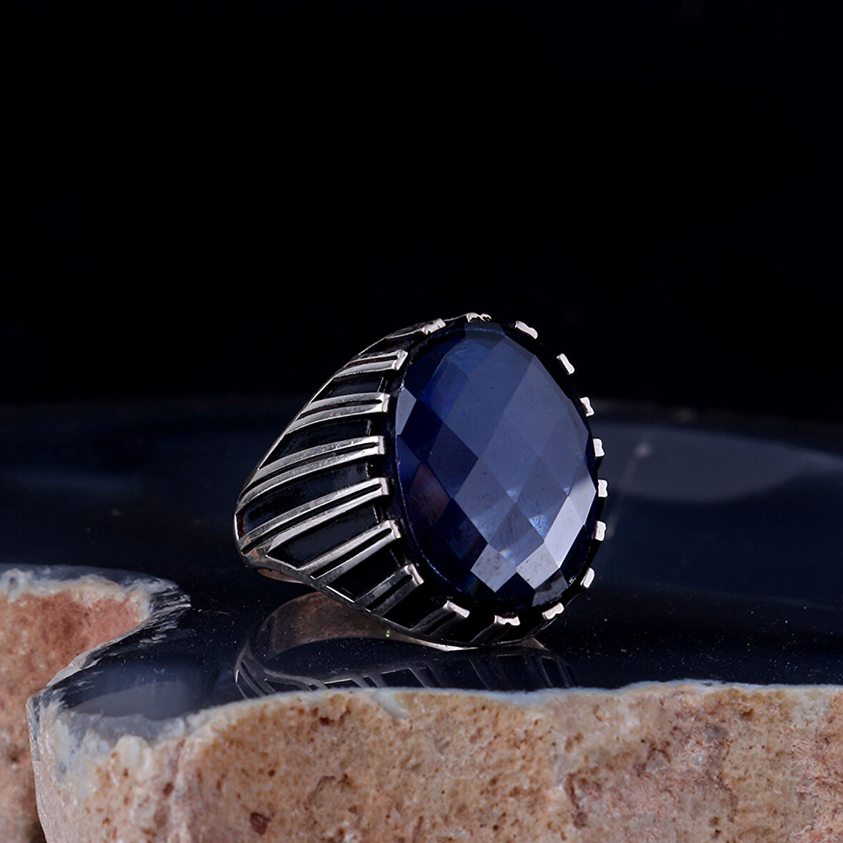 MAVİ ZİRKON TAŞLI 925 AYAR GÜMÜŞ ERKEK YÜZÜK