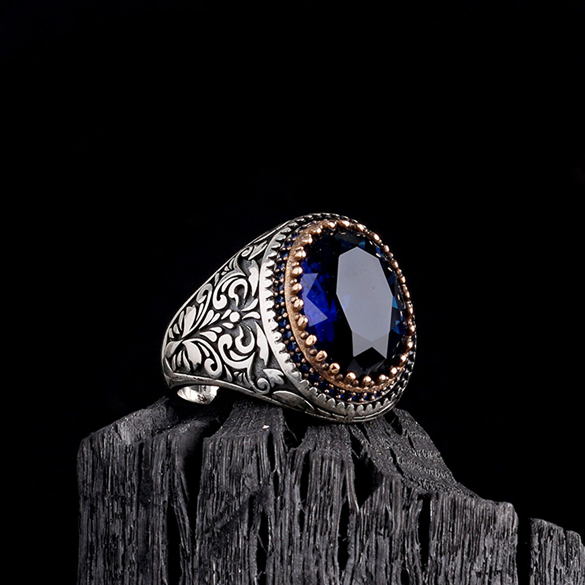 925 Ayar Gümüş Mavi Renk Zirkon Taşlı Erkek Yüzük