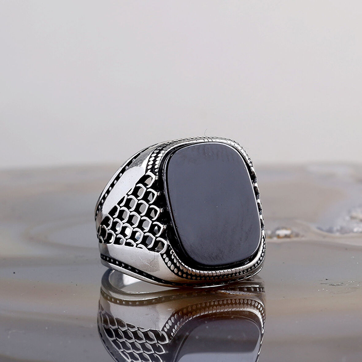 925 Ayar Gümüş Onix Taşlı Erkek Yüzük