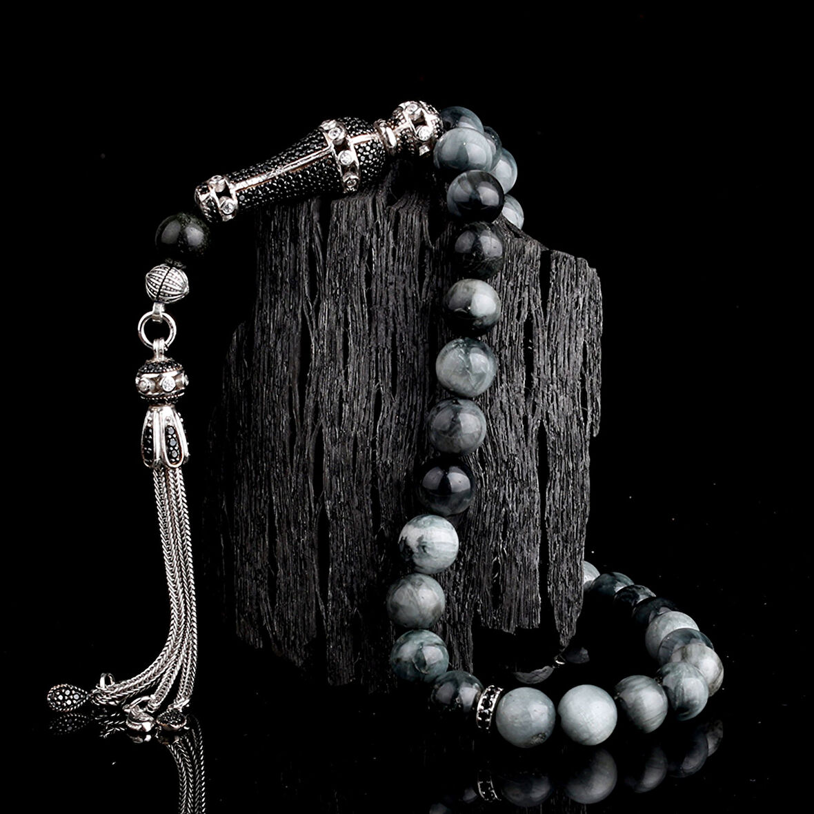 925 Ayar Gümüş Zirkon Set Püsküllü Kaplangözü Taşlı Tesbih