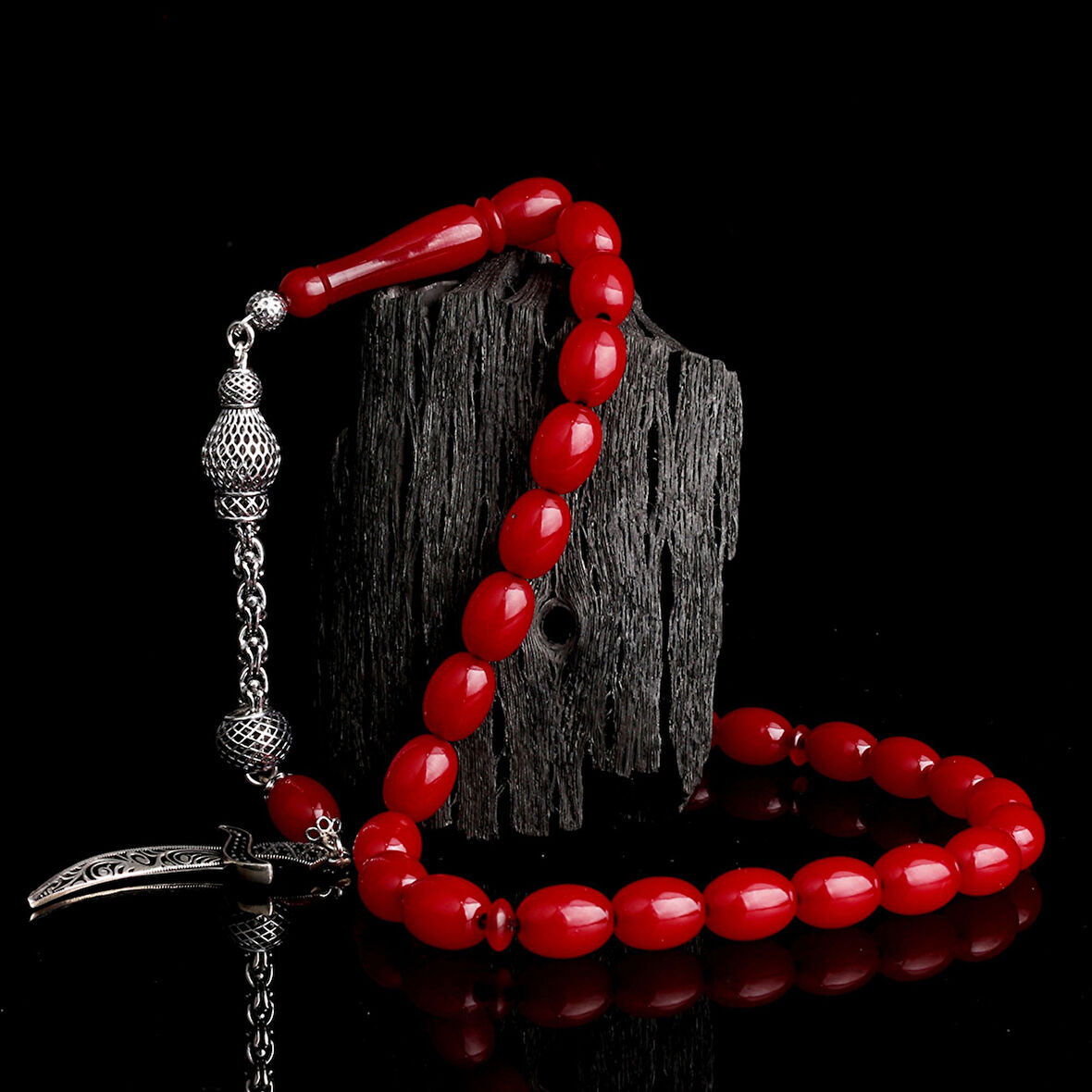 925 Ayar Gümüş Püsküllü Hz Ali Model Bordo Renk Ateş Kehribar Tesbih