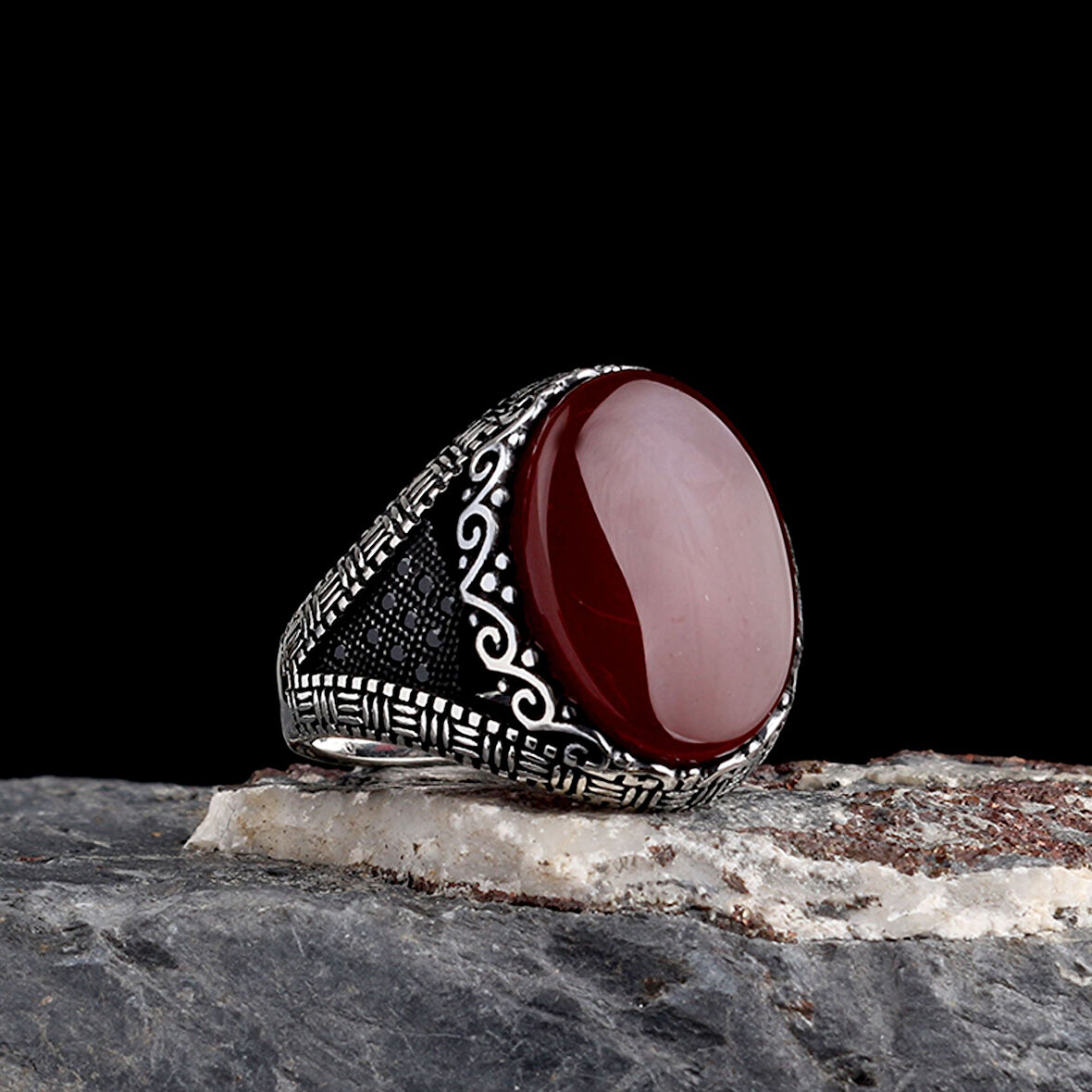 925 Ayar Gümüş Akik Taşlı Oval Model Erkek Yüzük