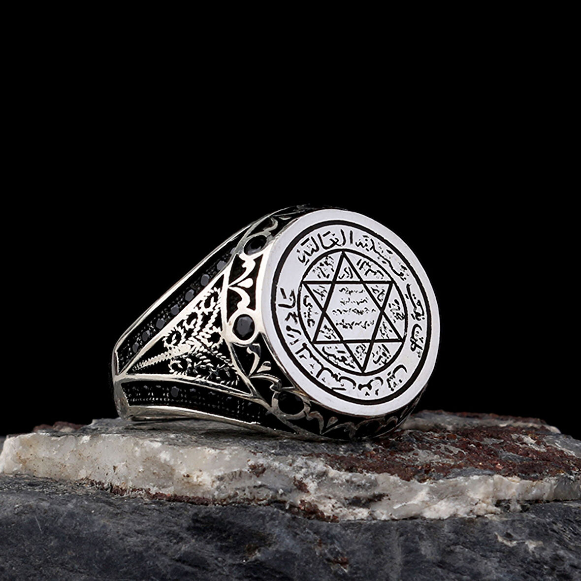 Hz Süleyman Mührü Davut Yıldızı 925 Ayar Gümüş Erkek Yüzük