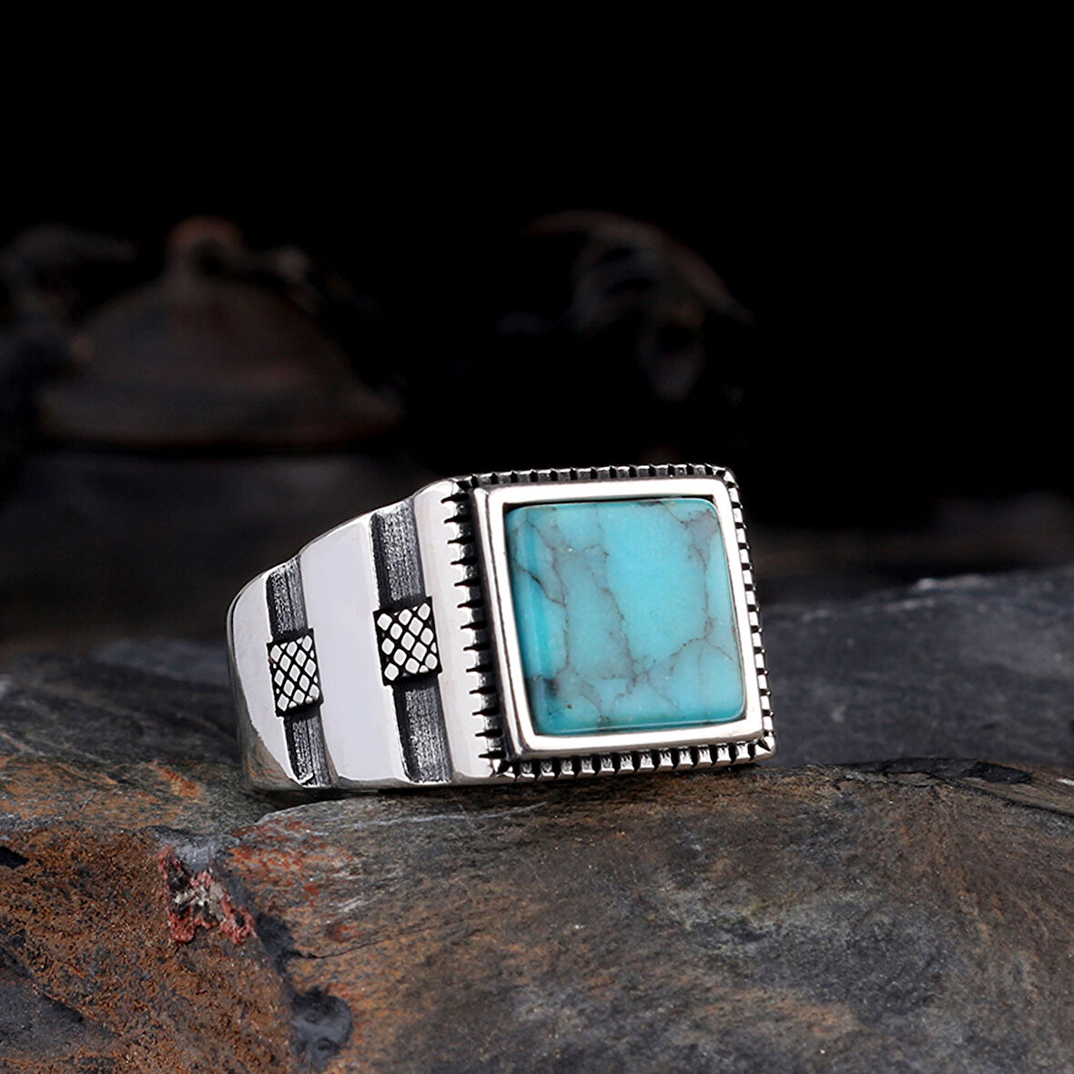 925 Ayar Gümüş Turkuaz Taşlı Model Erkek Yüzük