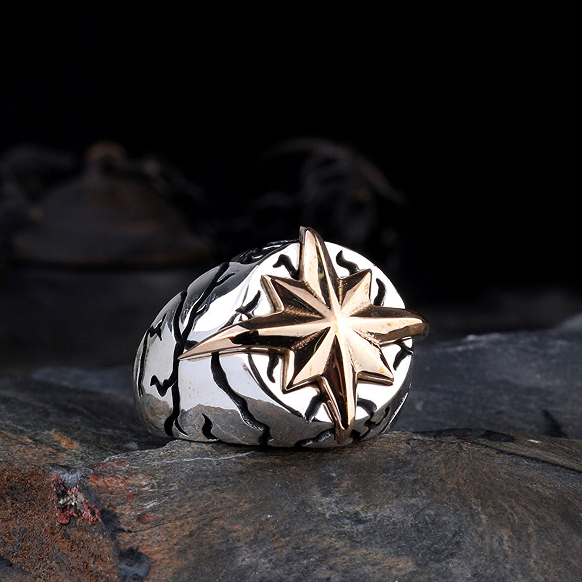 925 Ayar Gümüş Yön Pusulası Model Erkek Yüzük