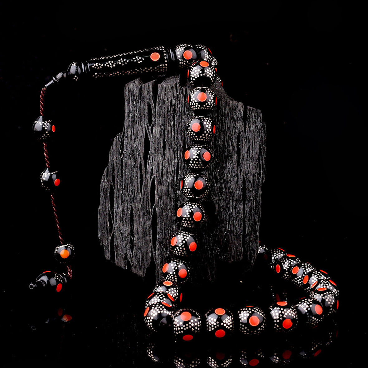 Kırmızı Mineli 925 Ayar Gümüş İşlemeli Kuka Tesbih