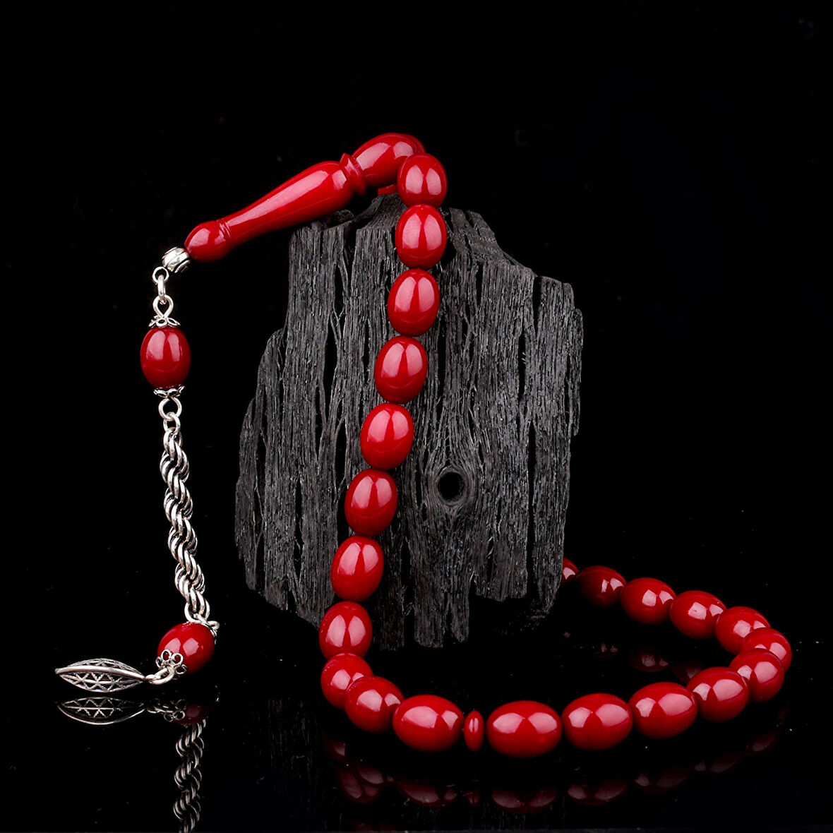 925 Ayar Gümüş Püsküllü Bordo Renk Ateş Kehribar Tesbih