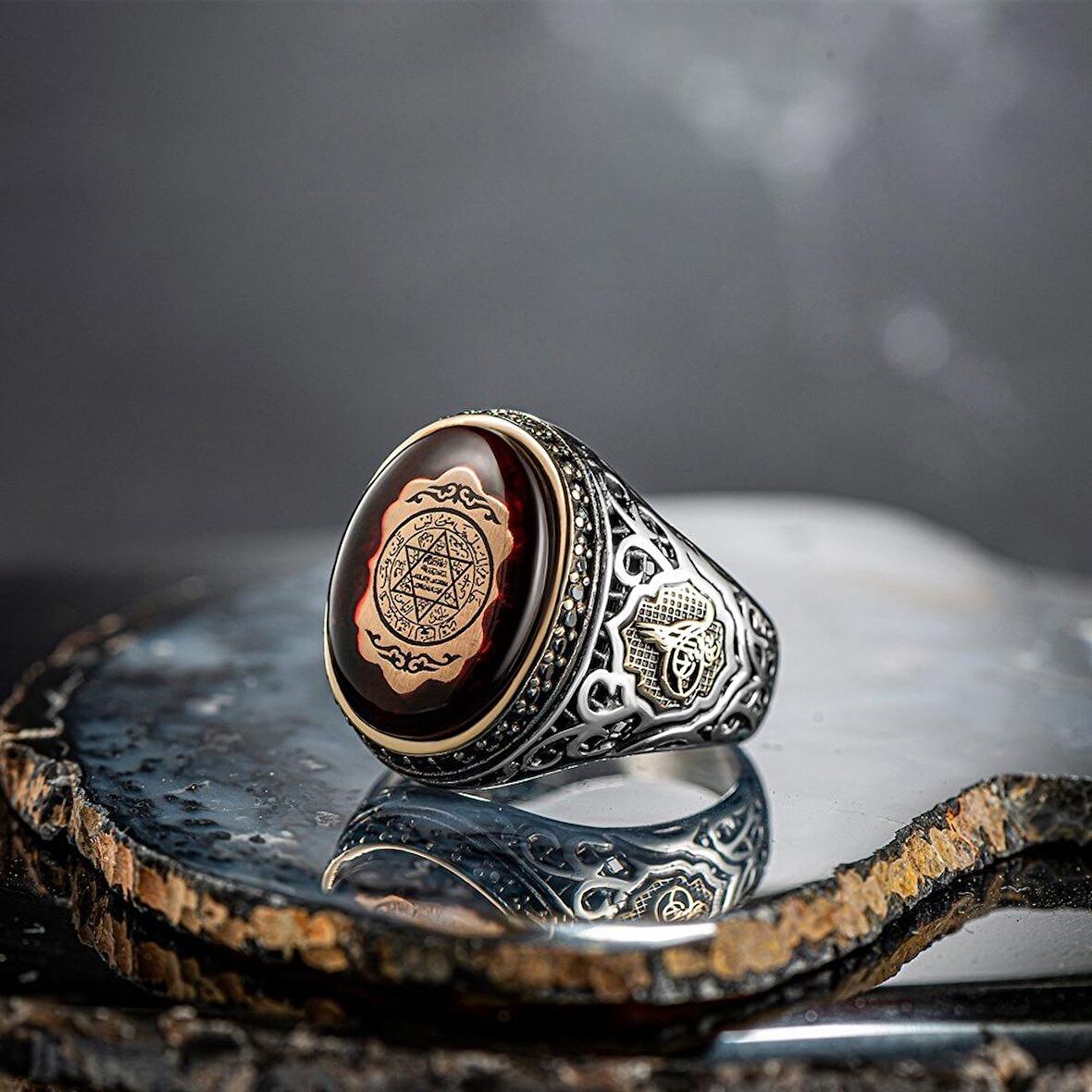 Kehribar Taşlı Hz Süleyman Mührü İşlemeli Yanları Osmanlı Tuğralı Gümüş Yüzük