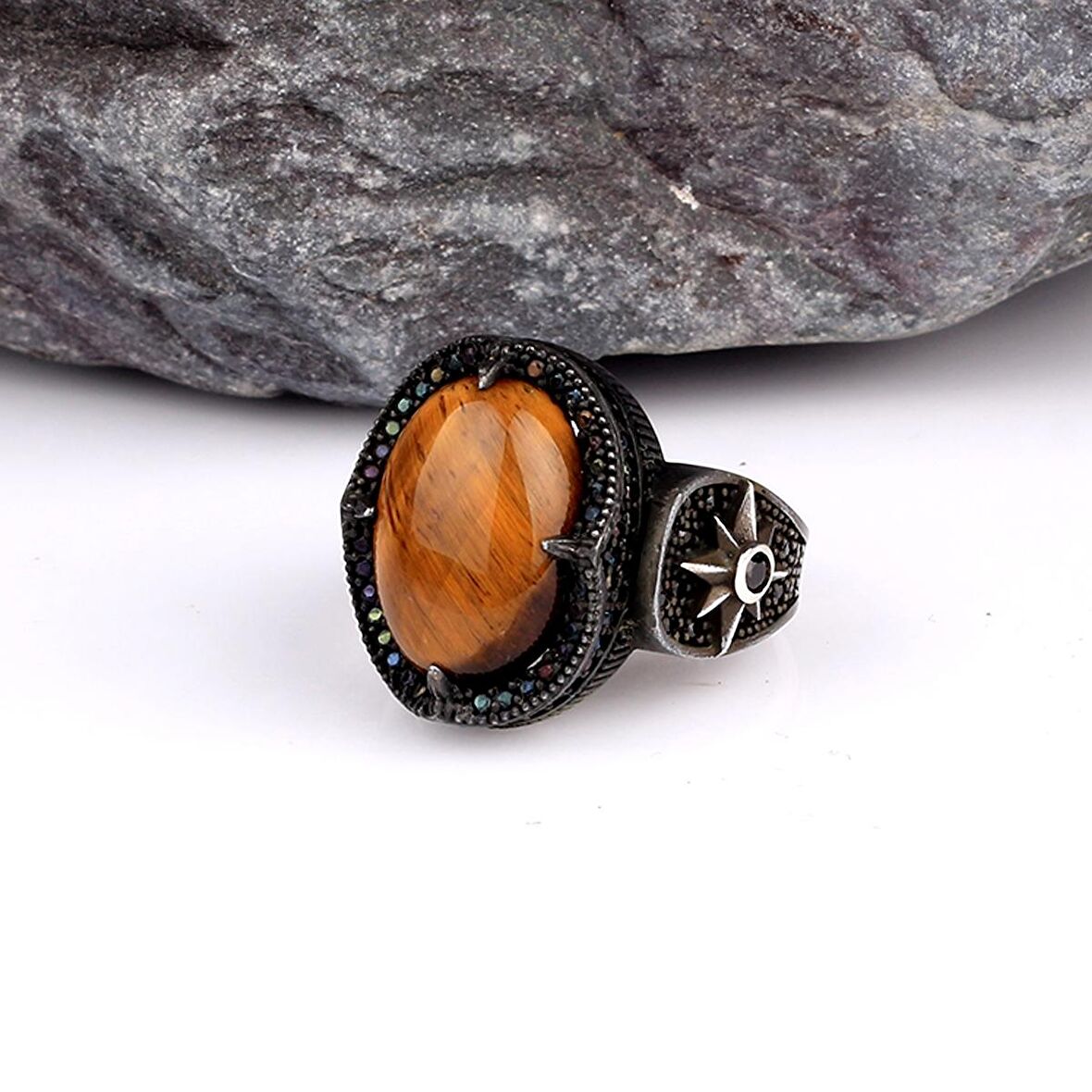 KAPLANGÖZÜ TAŞLI YILDIZ MODEL ERKEK GÜMÜŞ YÜZÜK