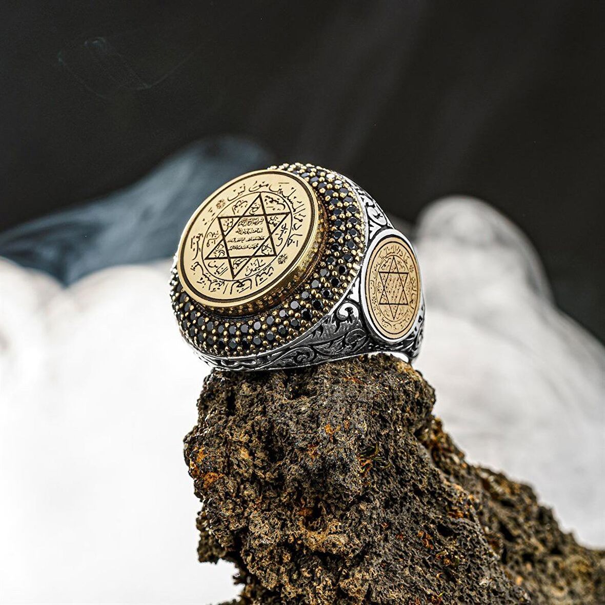 Hz Süleyman Mührü İşlemeli Kenarları Süleyman Mühürlü Gümüş Yüzük