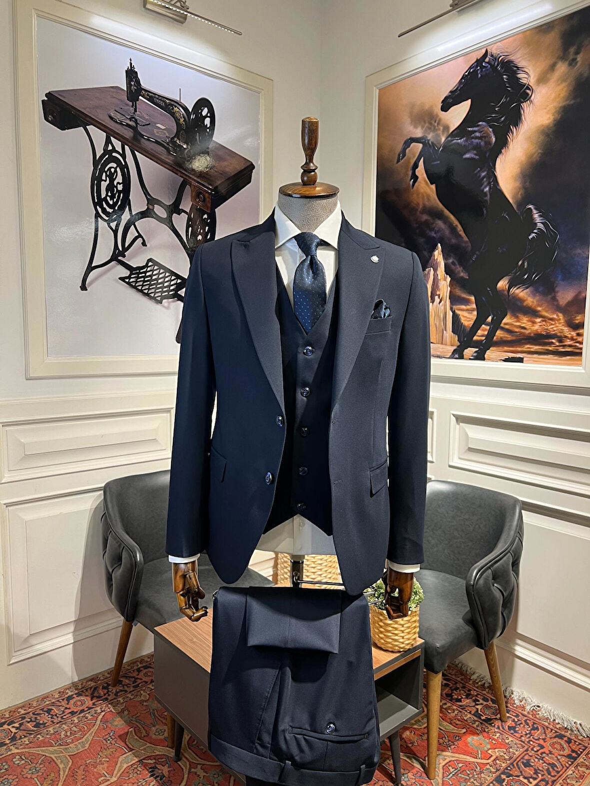 Guild Plav Slim Fit Lacivert Yelekli Takım Elbise 