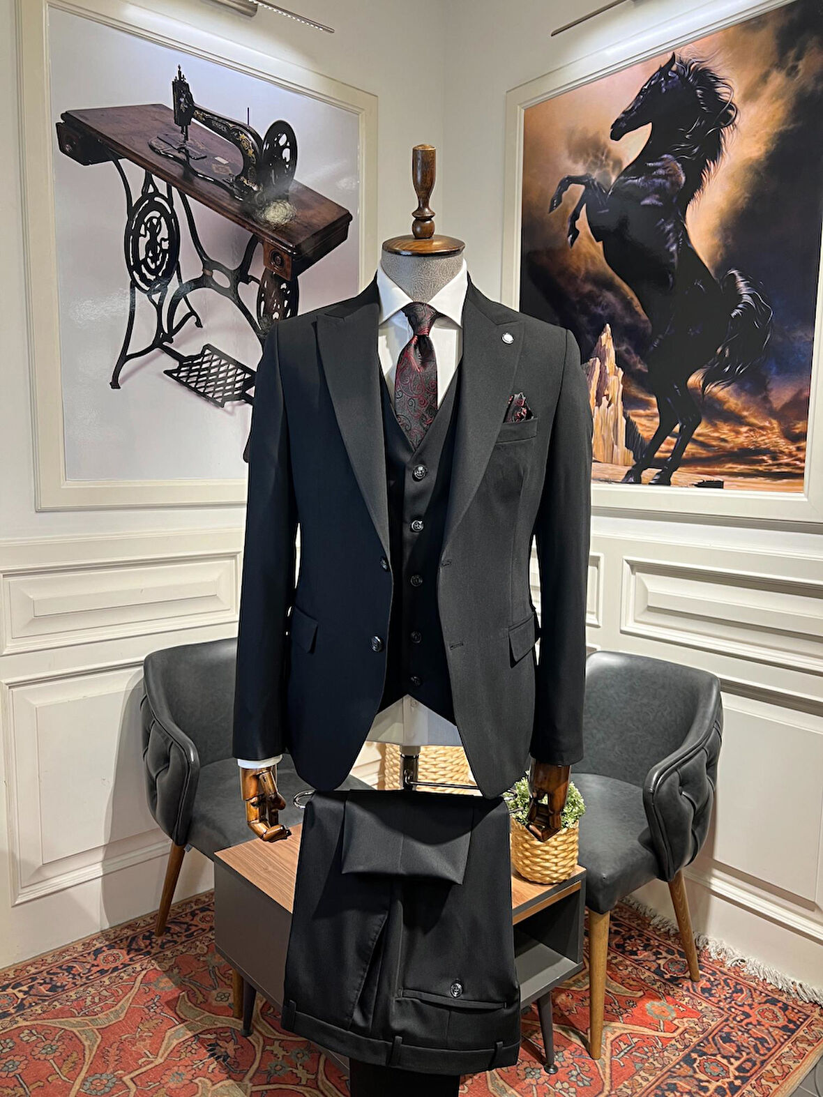 Guild Plav Slim Fit Siyah Yelekli Takım Elbise 