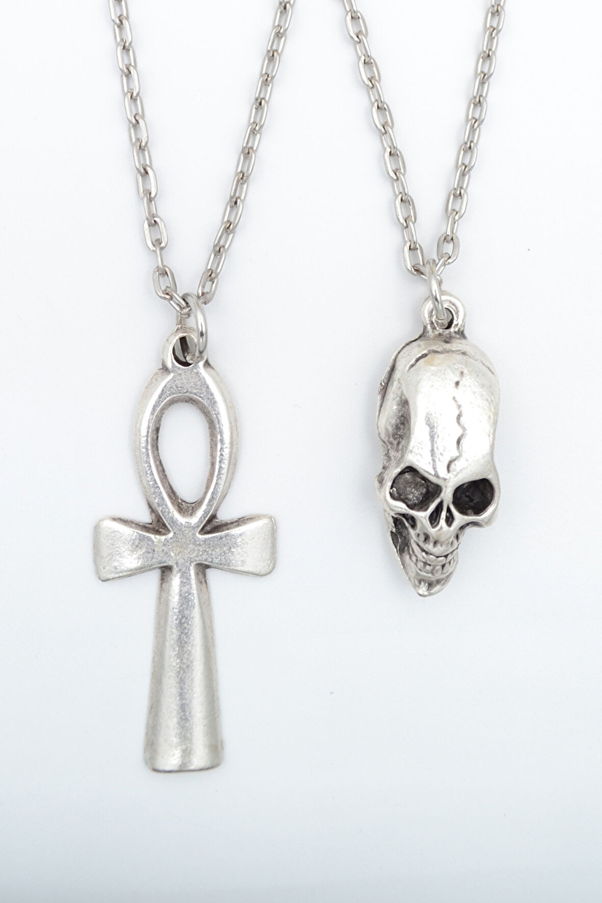 2'li Ankh Anahtarı - Nil'in Anahtarı - Kuru Kafa Gümüş Kaplama Kolye Seti