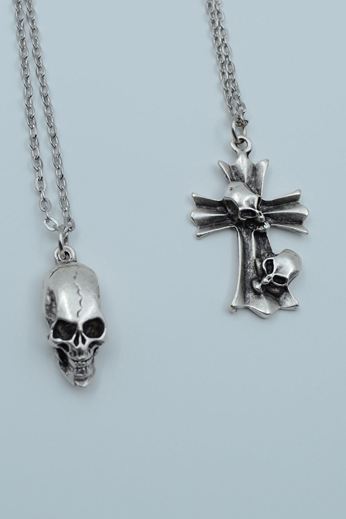 2'li Kuru Kafa Haç Kuru Kafa Gümüş Kaplama Kolye Seti