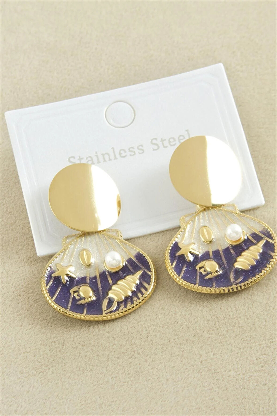 Oval Mineli Lüks Çelik Küpe