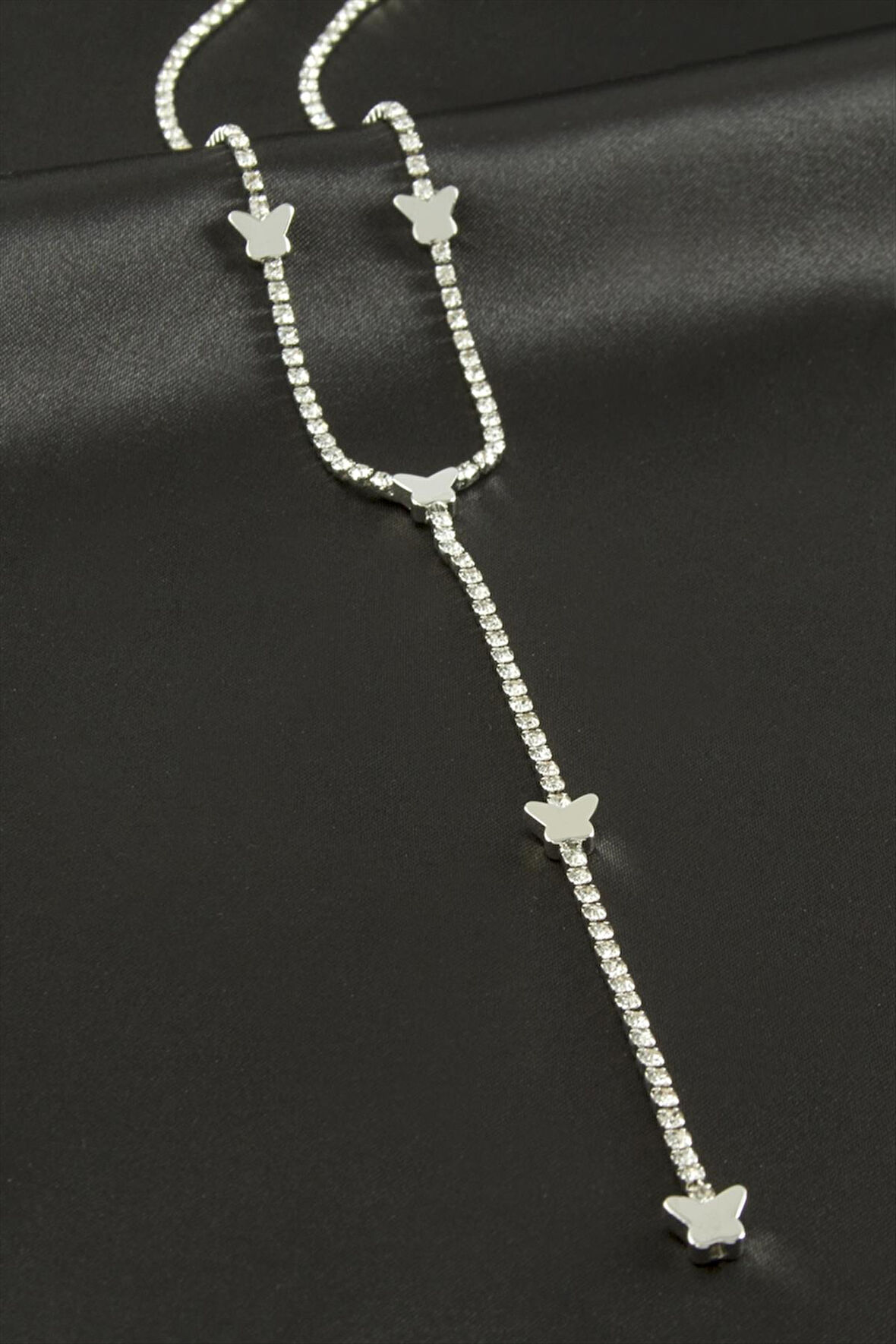 Kelebek Şerit Taşlı Çelik Y Kolye