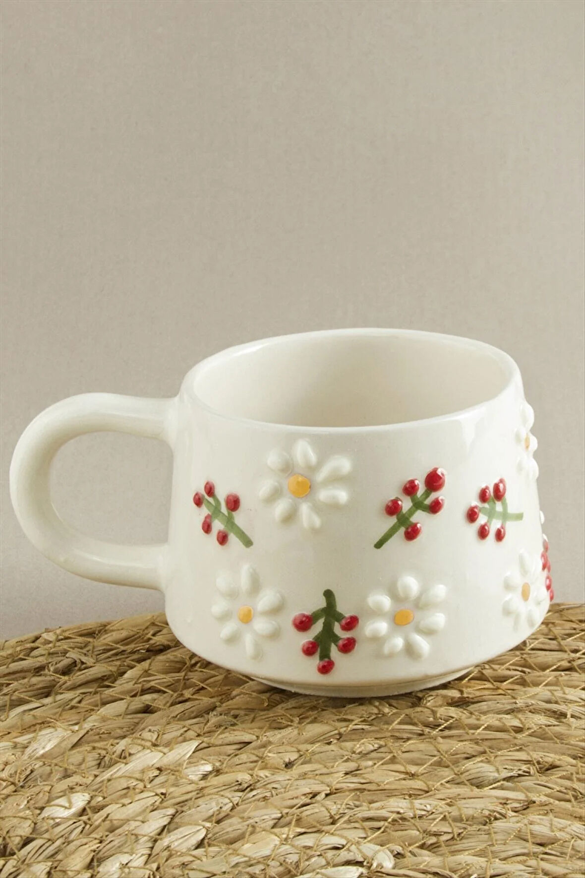 Papatya Kiraz Desenli Seramik Kupa