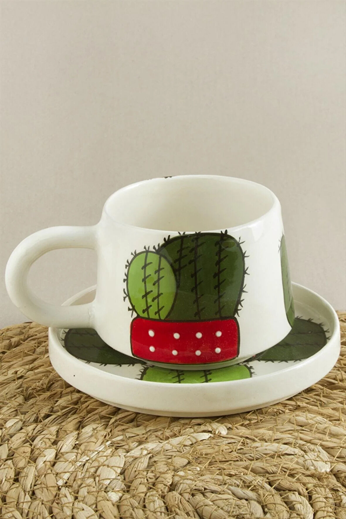 Kaktüs Desenli Seramik Tabaklı Kupa