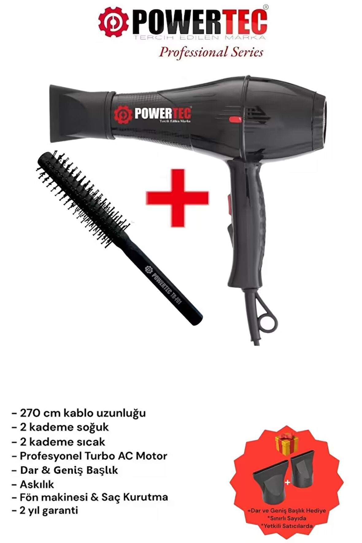 Powertec Tr-701 Profesyonel Fön Makinesi + Powertec Berber Fön Fırçası
