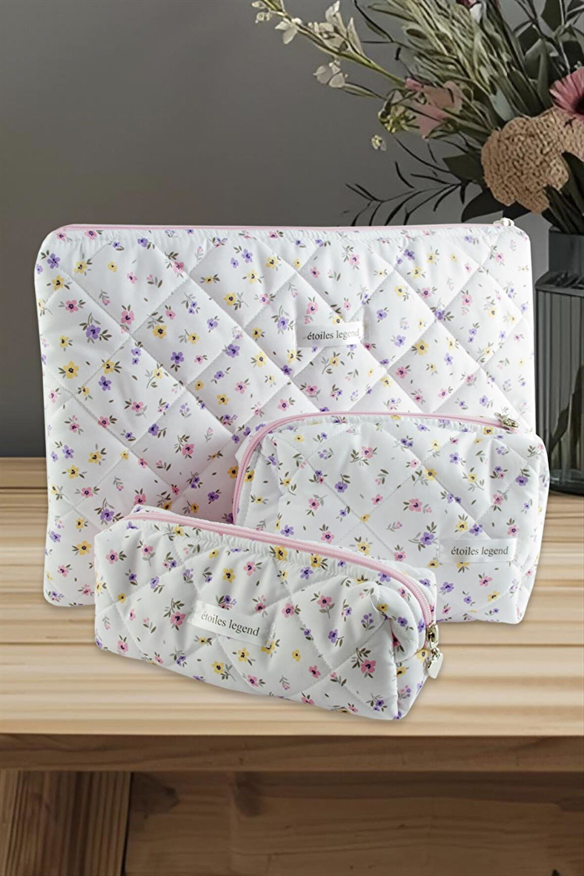 Çiçek Desenli Kalem Makyaj Labtop Bilgisayar Set Çantası