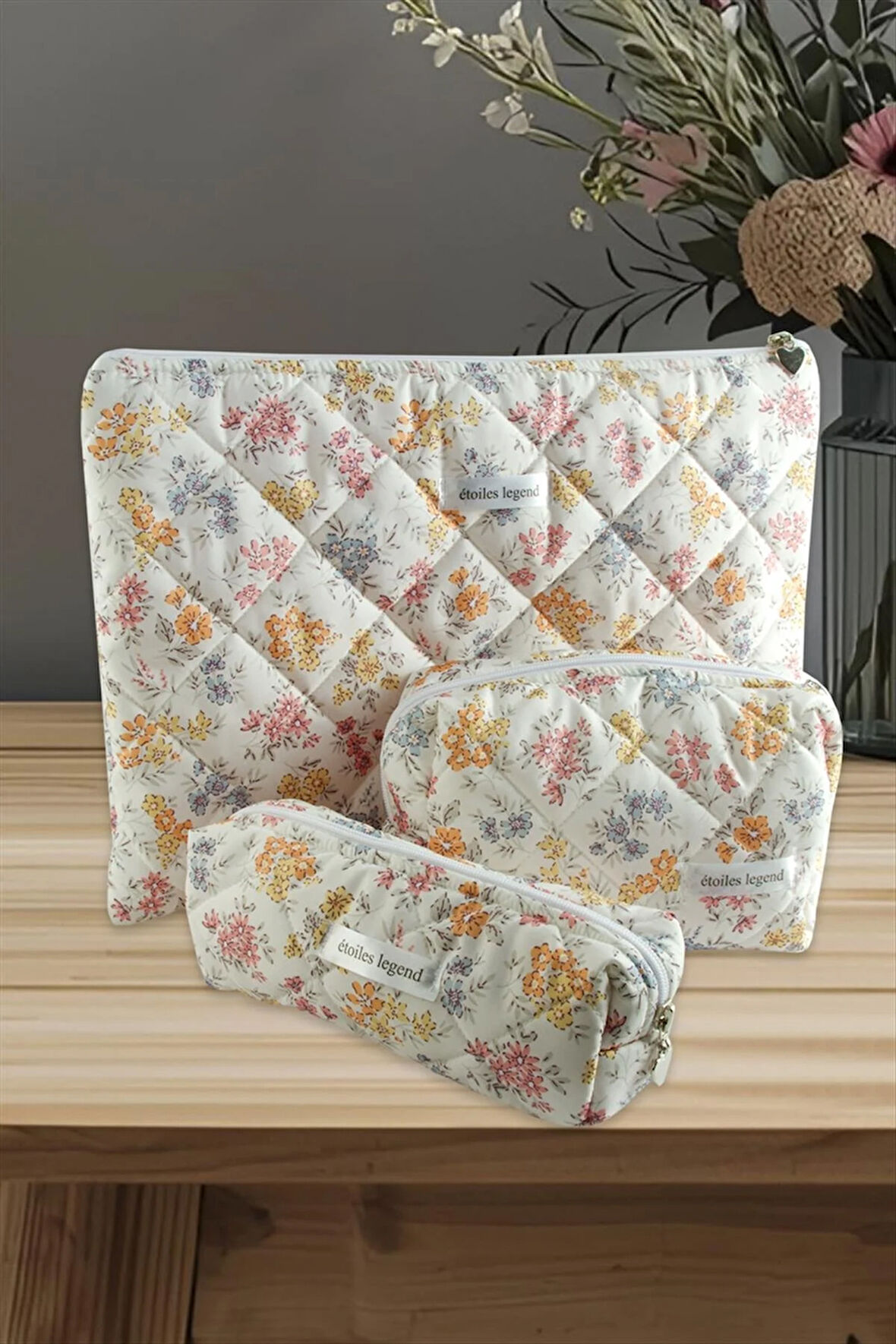 Çiçek Desenli Kalem Makyaj Labtop Bilgisayar Set Çantası