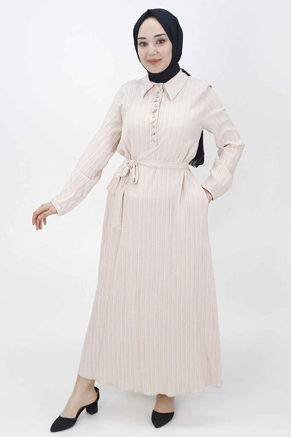 Bürümcük Kumaş Taş Detaylı Elbise