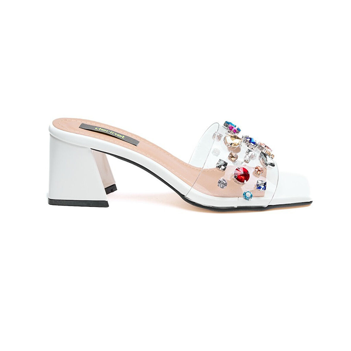 Renkli Taşlı Şeffaf Bantlı Kadın Topuklu Terlik 