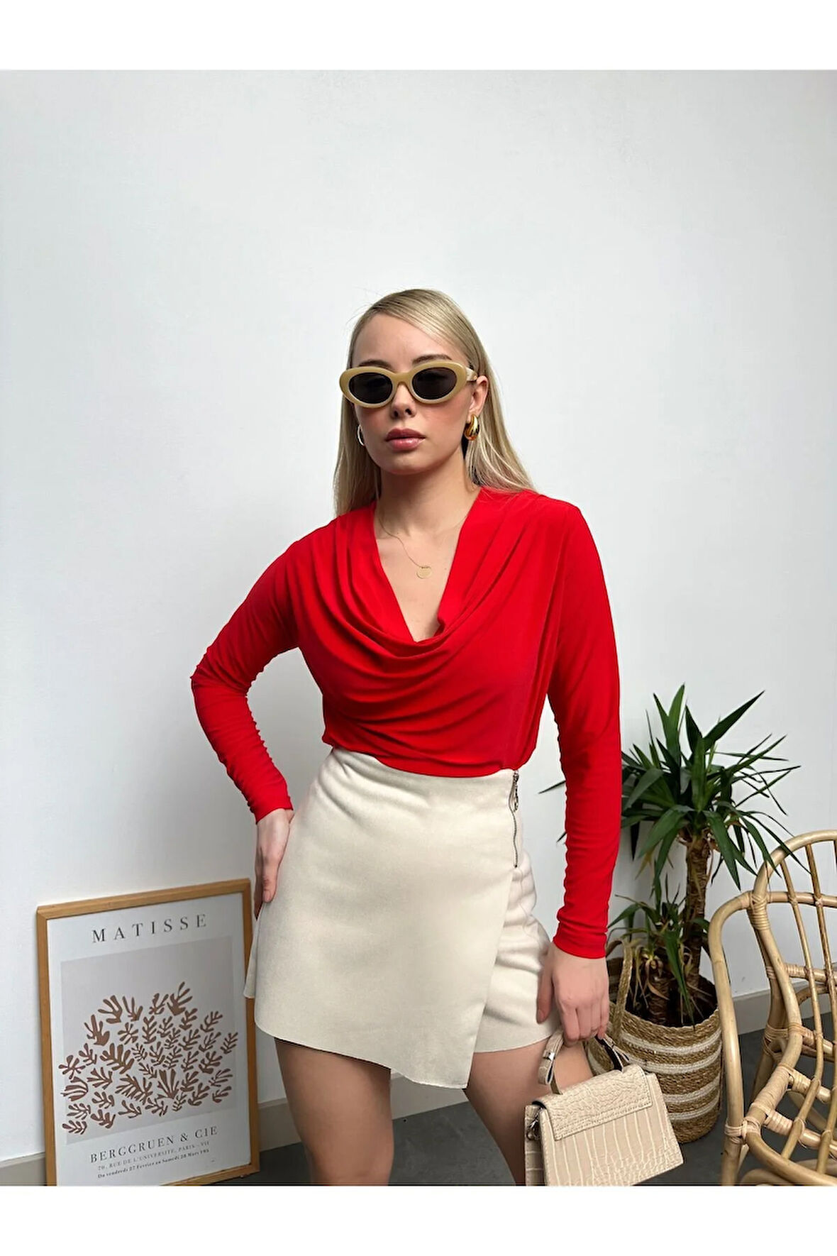 Kadın Kırmızı Uzun Kol Degaje Yaka Sandy Bluz