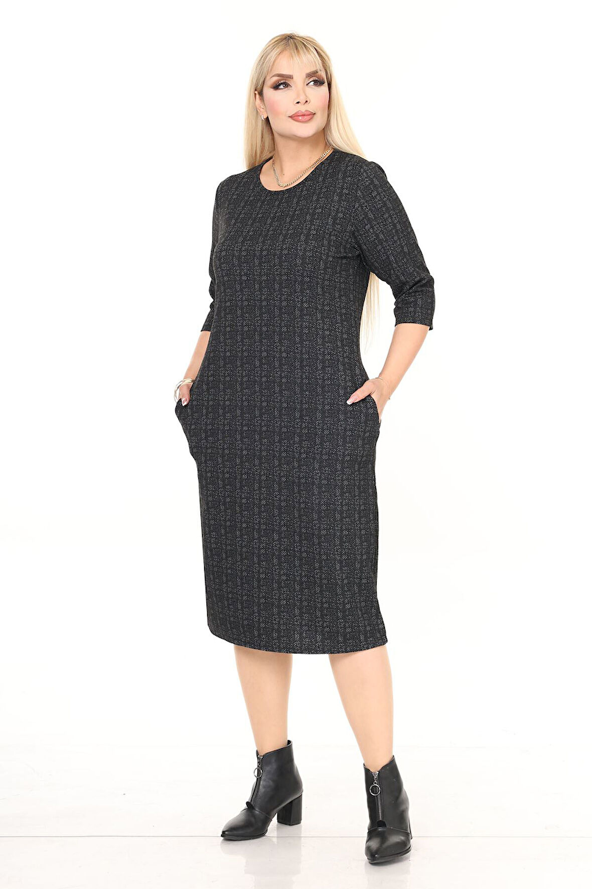 Çift Cepli Desenli Esnek Kışlık Büyük Beden Midi Elbise 11D-2718