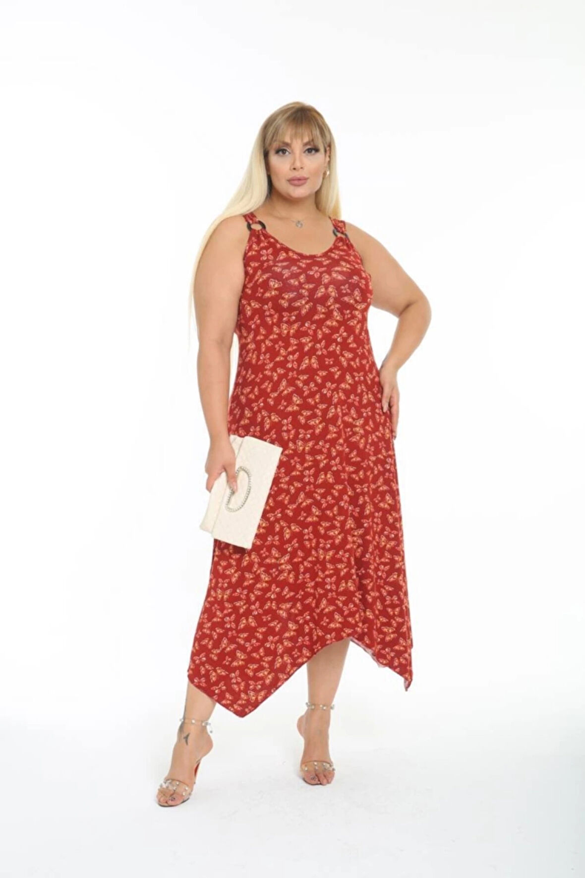 Kadın Büyük Beden Tokalı Askılı Kelebek Desenli Kırmızı Elbise