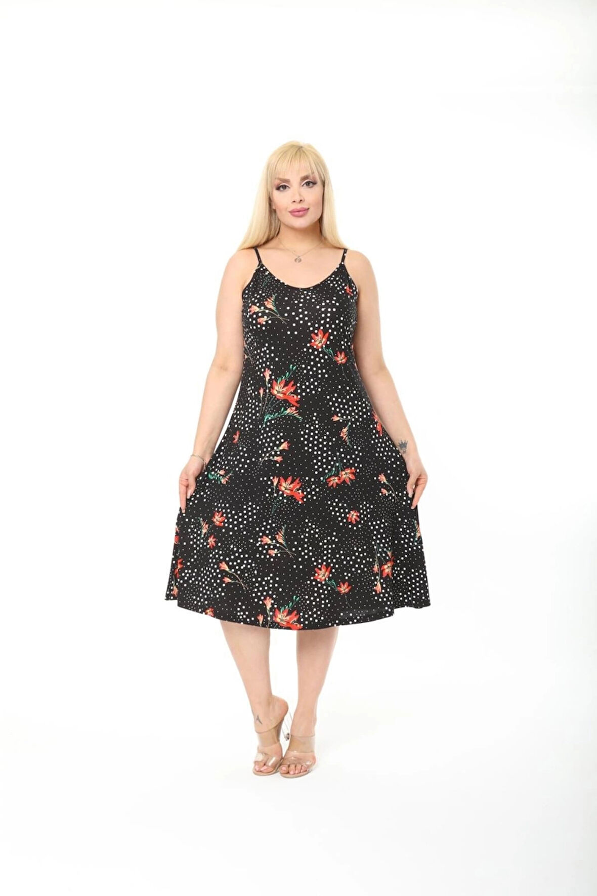 Kadın Büyük Beden Ip Askılı Desenli Midi Boy Elbise