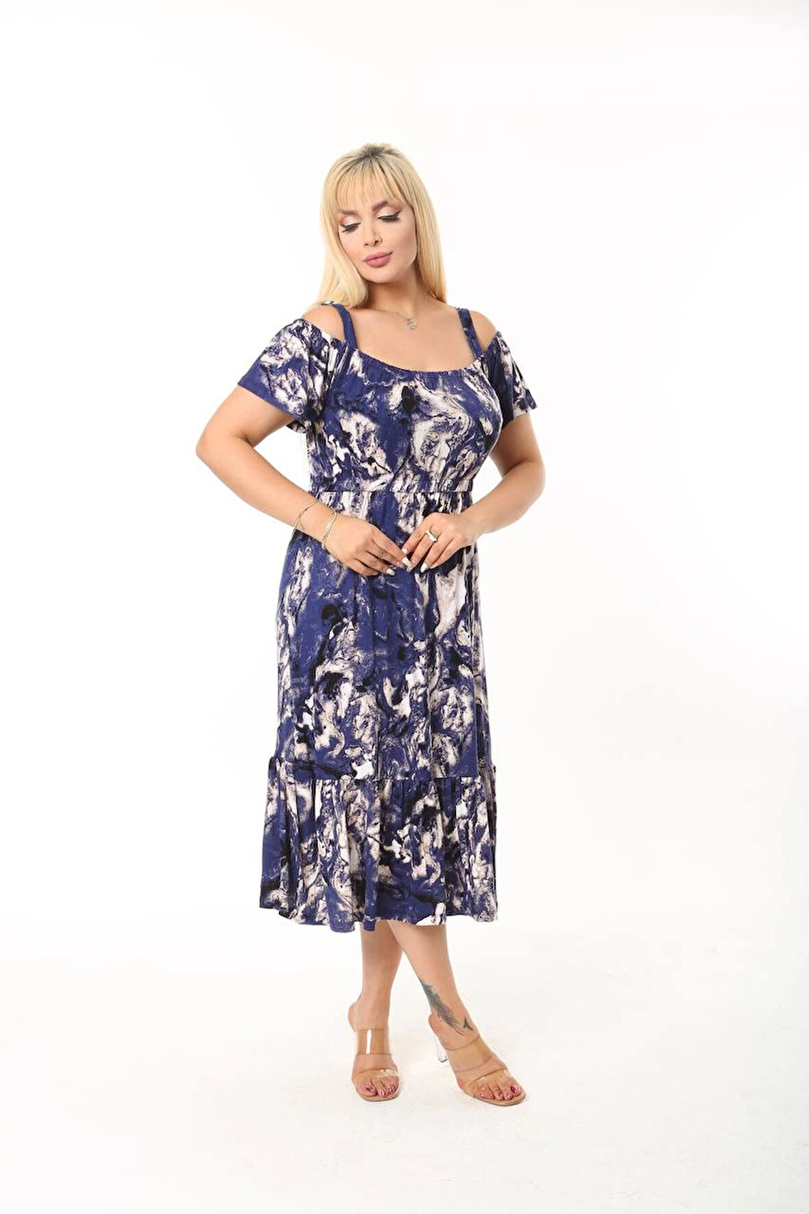 Kadın Büyük Beden Madonna Yaka Desenli Askılı Elbise