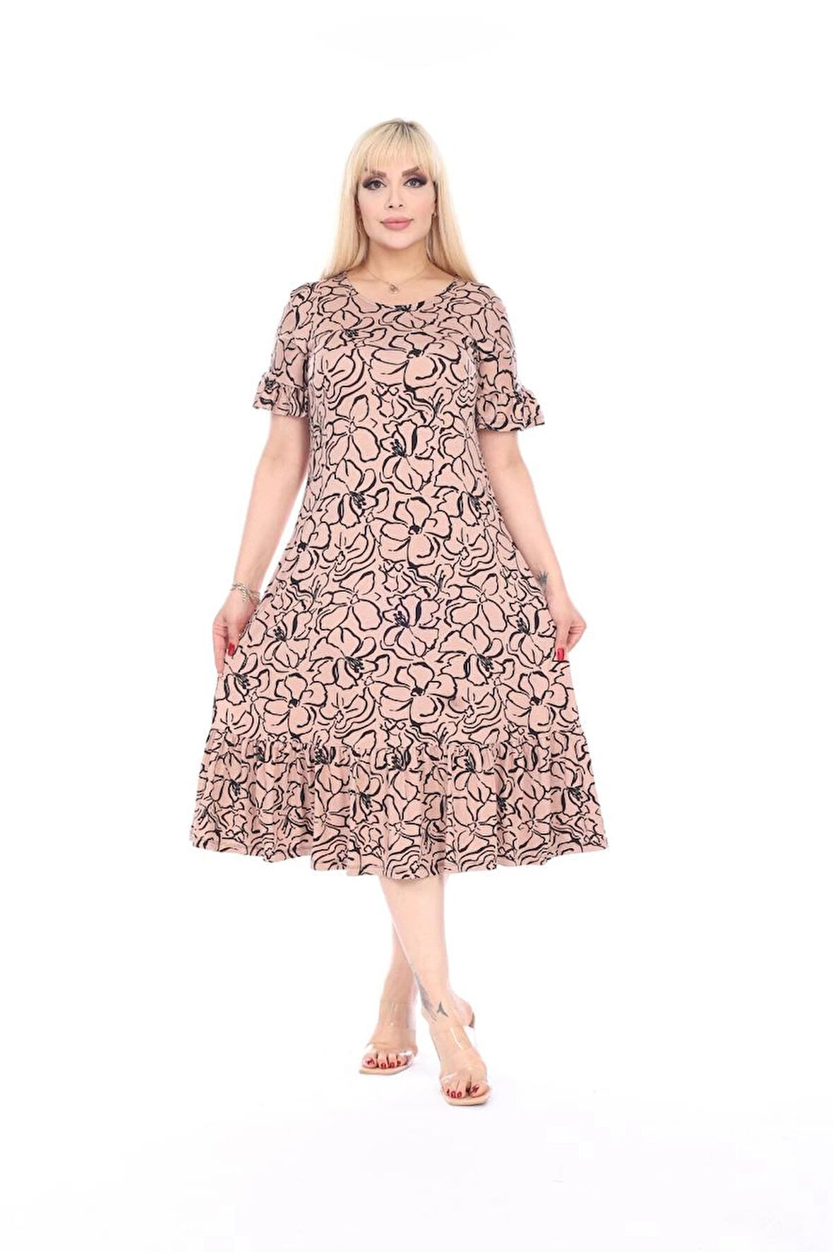 Kadın Büyük Beden Eteği Fırfırlı Cepli Viskon Kumaş Esnek Kısa Kollu Elbise