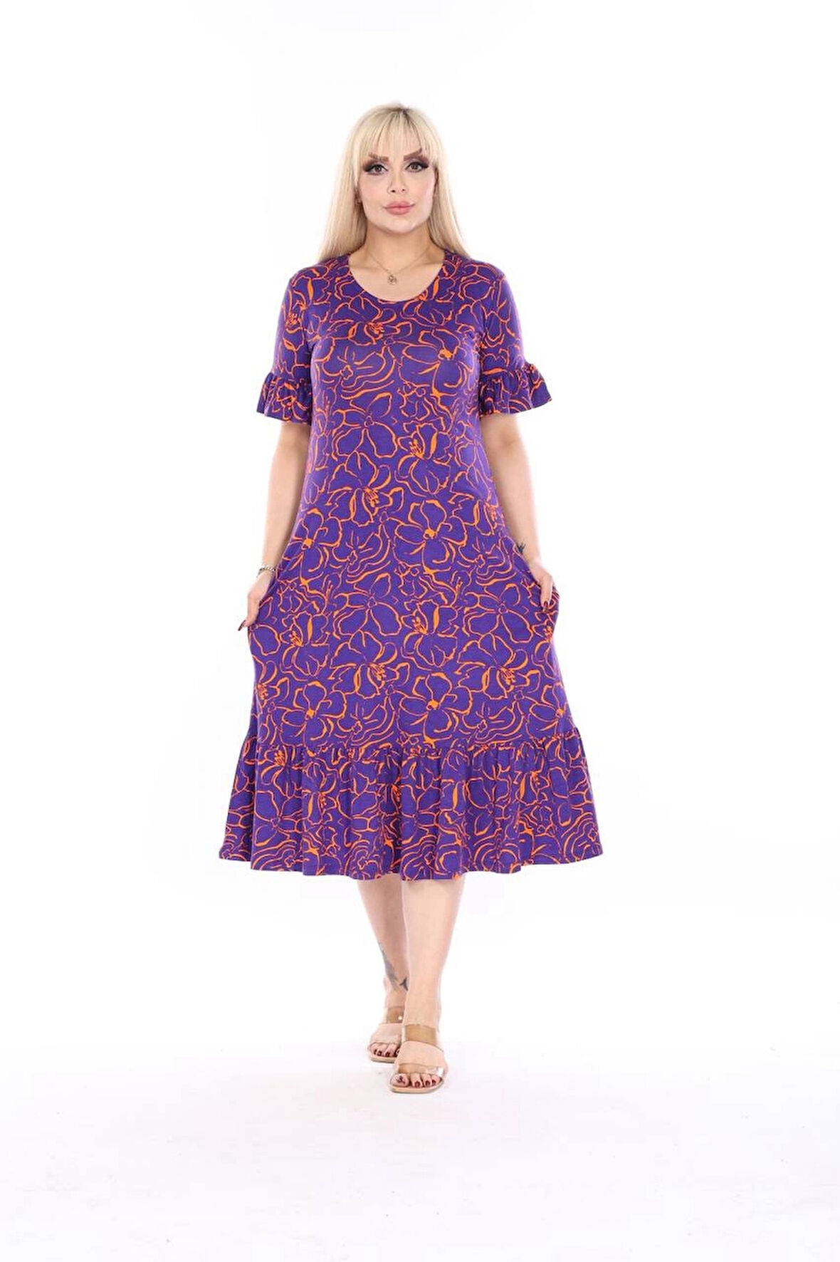 Kadın Büyük Beden Eteği Fırfırlı Cepli Viskon Kumaş Esnek Kısa Kollu Elbise