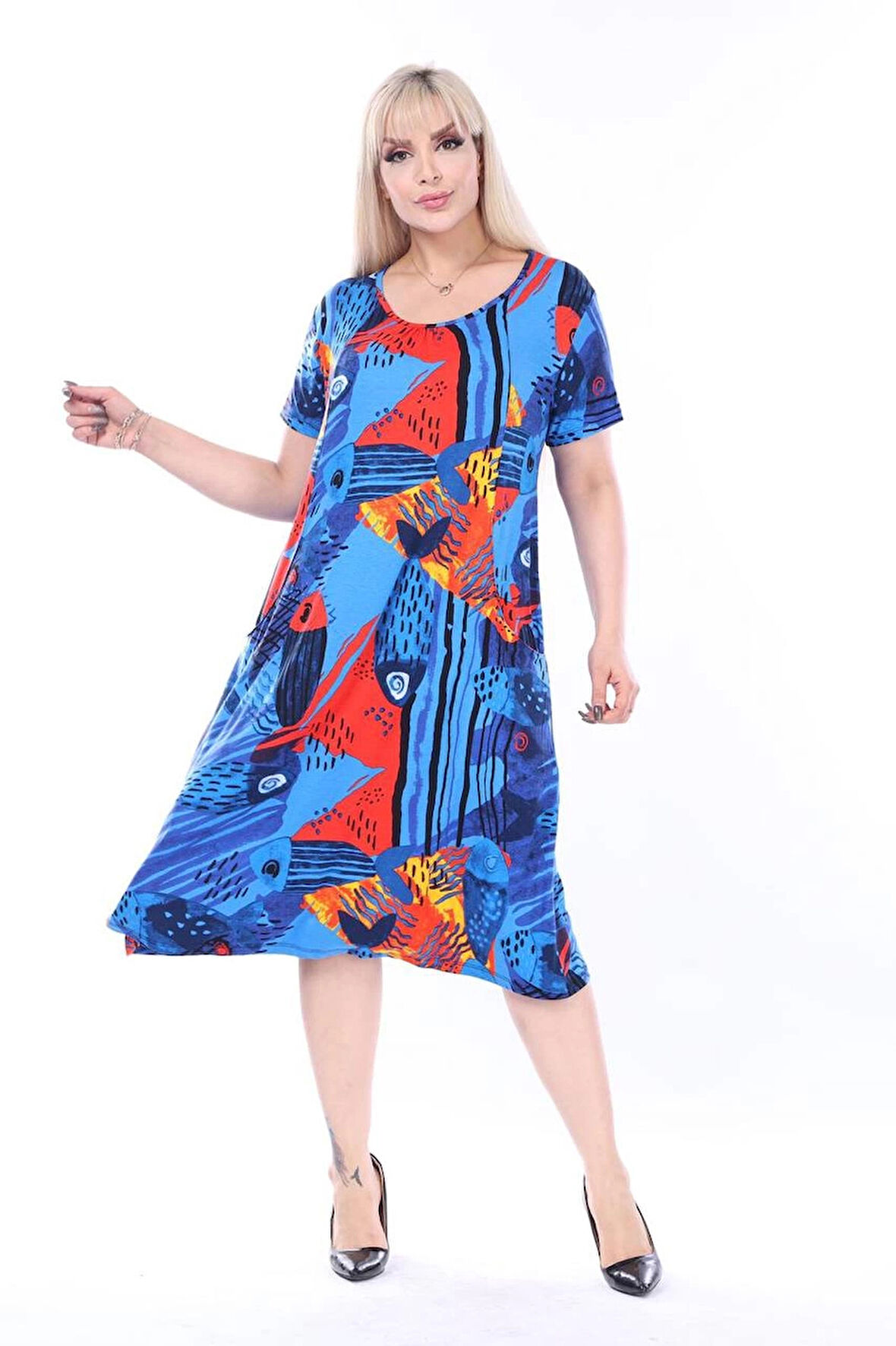 Kadın Büyük Beden Bisiklet Yaka Cepli Viskon Kumaş Esnek Kısa Kollu Elbise 42/52 Beden