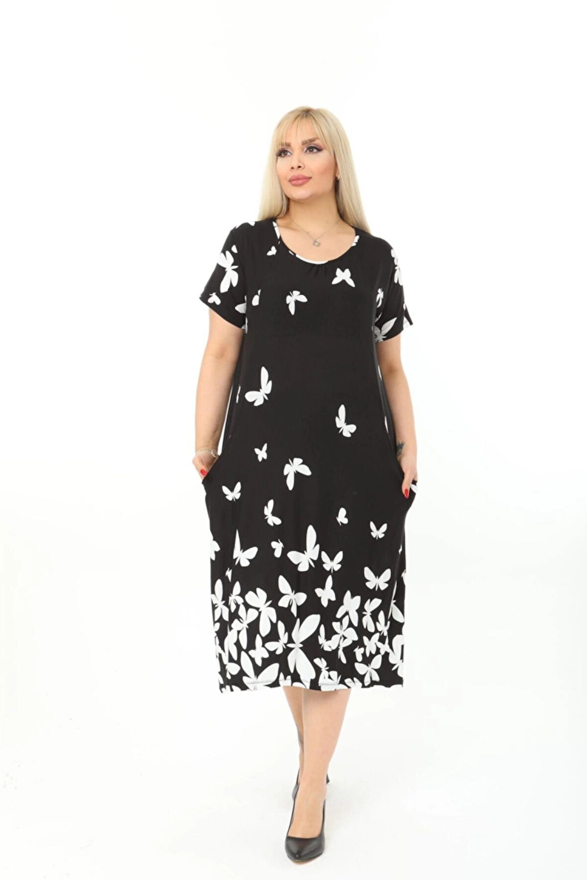 Büyük Beden Siyah Kelebek Desenli Kısa Kol Elbise