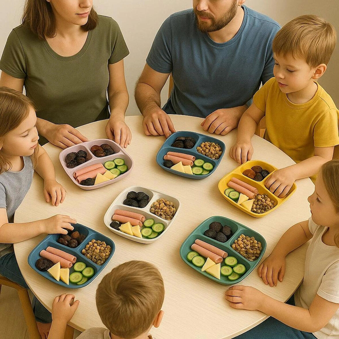 6 Adet Renkli 3 Bölmeli Kahvaltı Tabağı Plastik Piknik Kamp Çerez Yemek Servis Tabağı 21,5x23x3,5cm