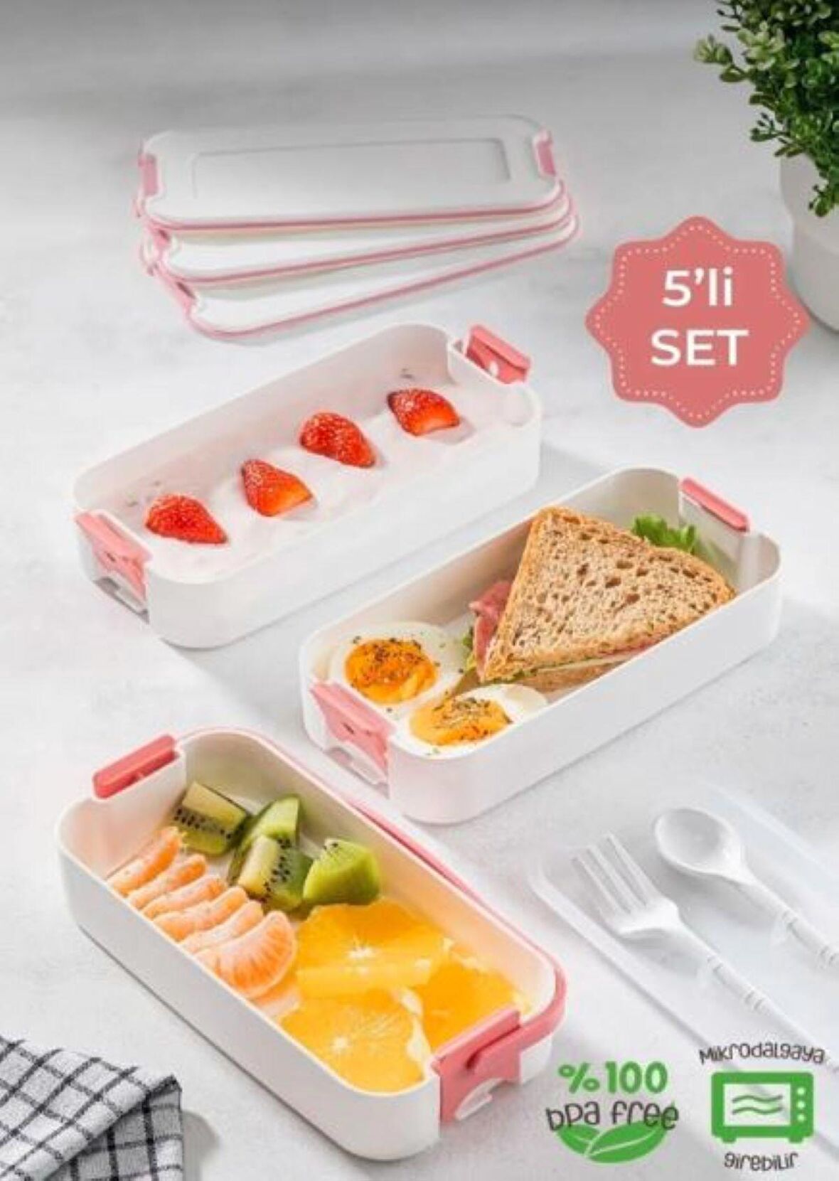 GONDOL 3 Katlı Taşınabilir Yemek Kabı – Lunch Box Diyet Beslenme Saklama Kabı Çatal Kaşıklı