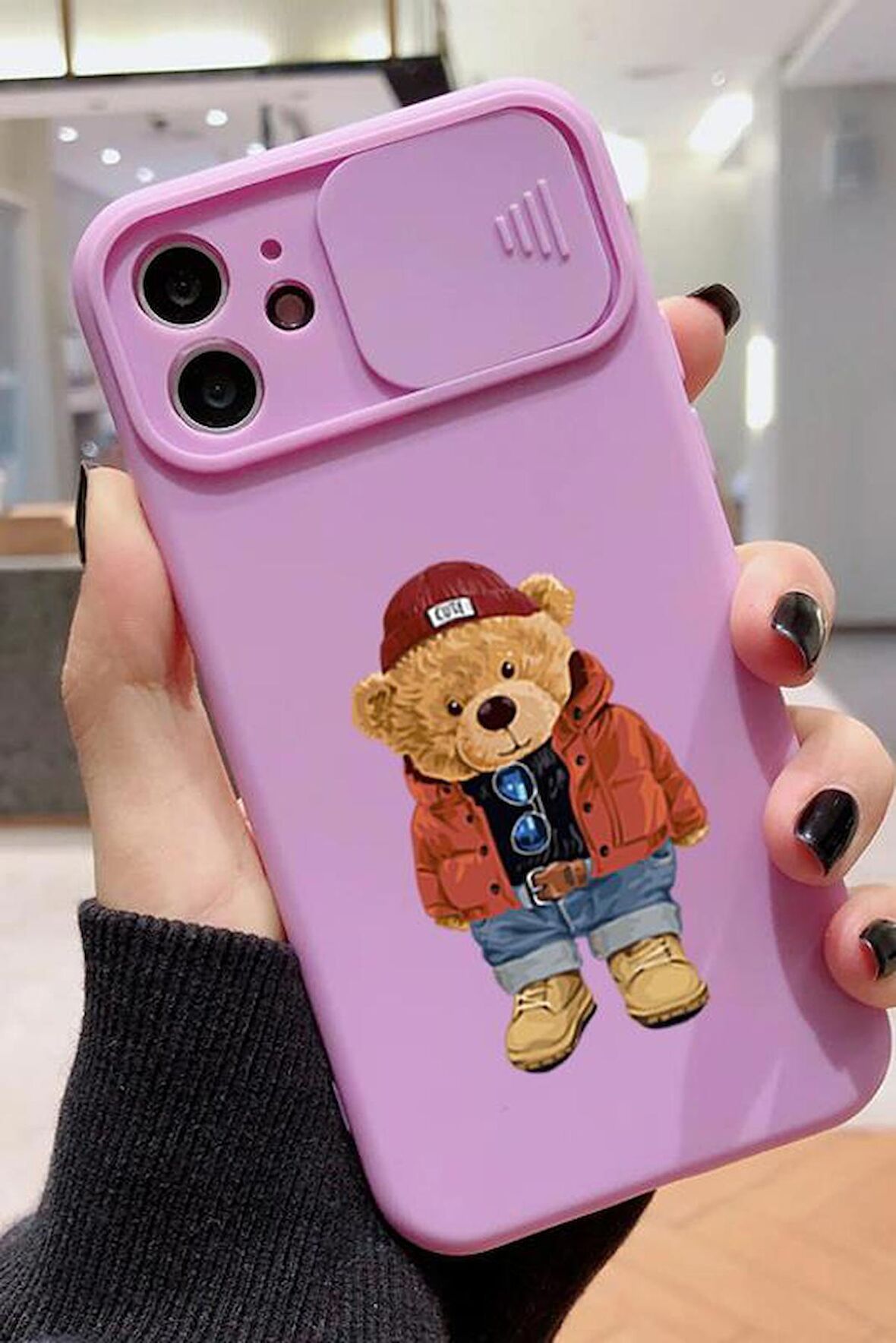 Slider Koruma Kapaklı iPhone 11  Teddy Bear Desenli Telefon Kılıfı