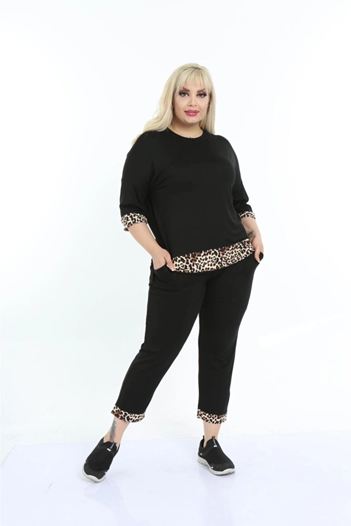 Kadın Büyük Beden Leopar Desenli Eşofman Takım