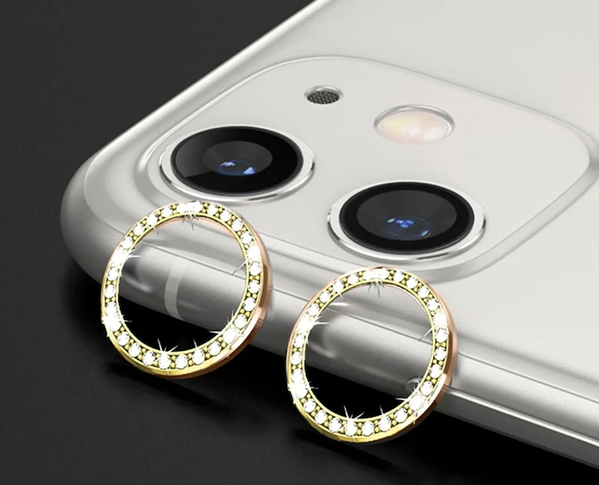 iPhone 11 / 12 ve 12mini için Kamera Koruyucu Taşlı ve Metal Lens Koruyucu Gold