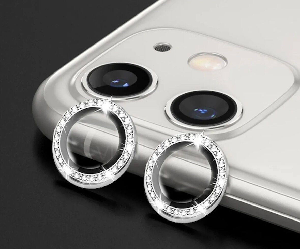 iPhone 11 / 12 ve 12mini için Kamera Koruyucu Taşlı ve Metal Lens Koruyucu Beyaz