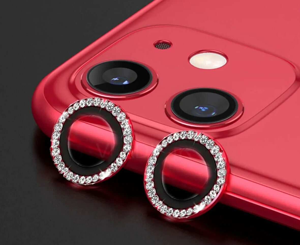 iPhone 11 / 12 ve 12mini için Kamera Koruyucu Taşlı ve Metal Lens Koruyucu Kırmızı