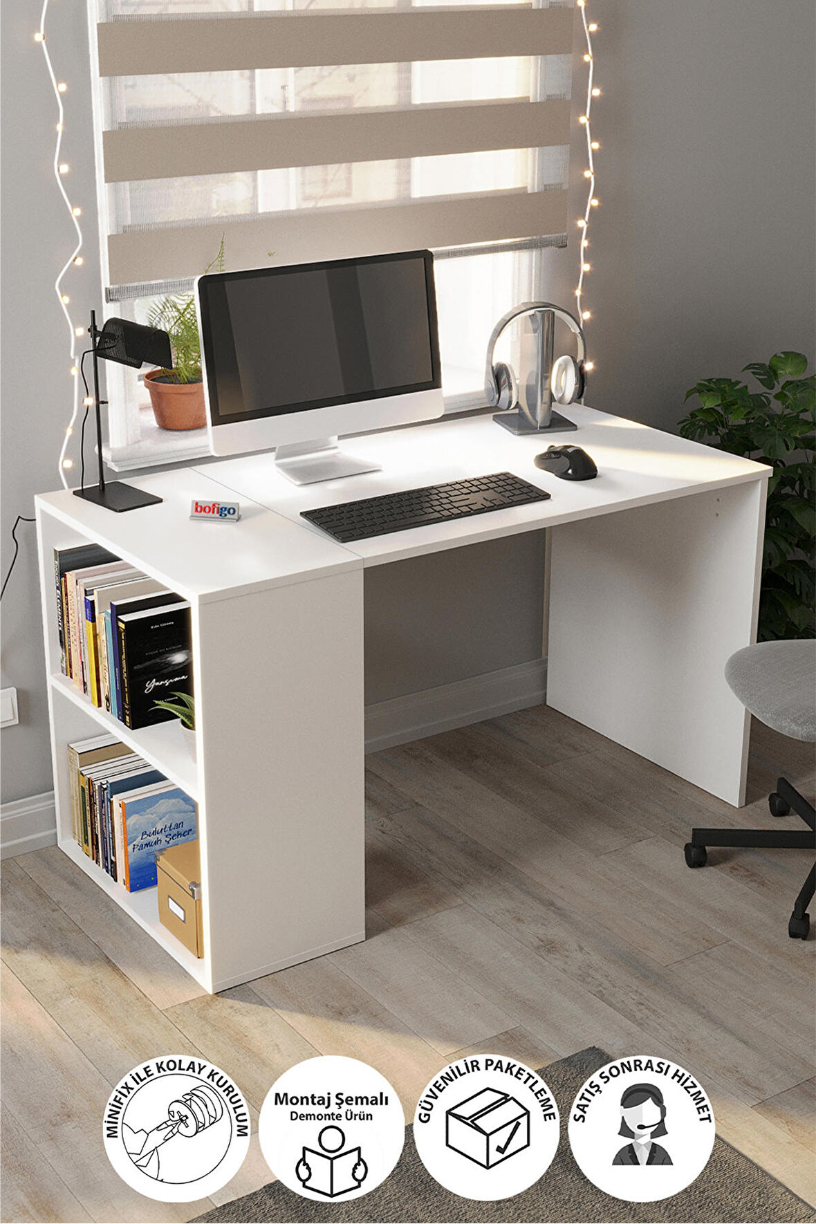 60x120 cm Smyrna Çalışma Masası Kitaplıklı Ofis Masası Bilgisayar Masası Beyaz